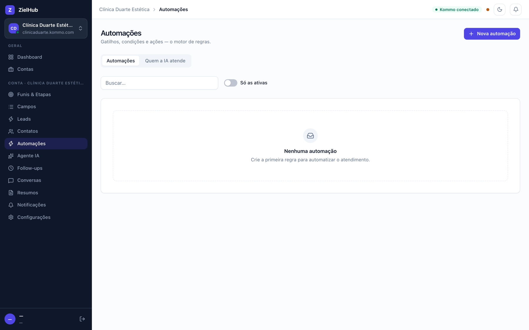 Tela de automações da ZielHub, onde a regra é montada em três passos: gatilho, condições e ações.