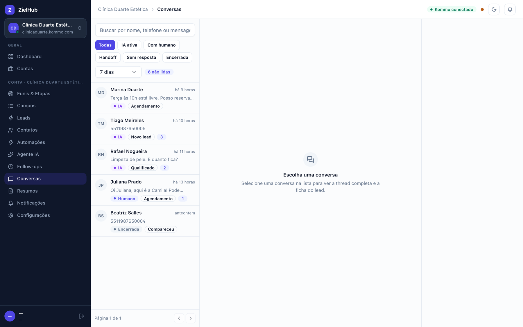 Lista de conversas com filtros por IA ativa, com humano, handoff, sem resposta e encerrada, mostrando etapa do funil e mensagens não lidas.